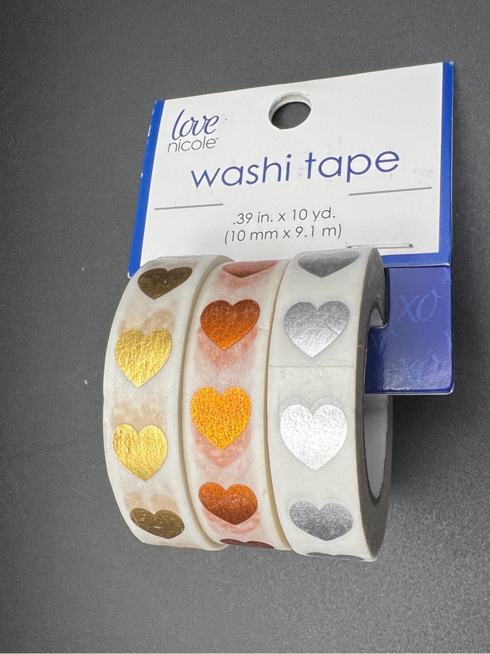 3 Rolls Metallic Hearts Washi Tape Gold, Copper, Silver Love Nicole NEW
